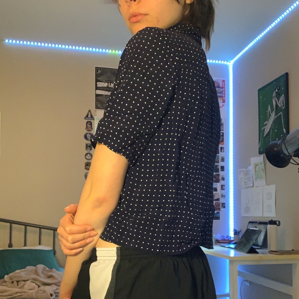 Navy & White Boxy Cropped Button Up